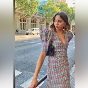 Zara PLAID PRINT V-Neck MIDI DRESS💜🦋💜🦋💜🦋